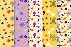 Halloween pattern collection vector with yellow and purple background. Halloween seamless pattern bundle for book covers and wallpapers. Abstract pattern set design with spooky Halloween elements.