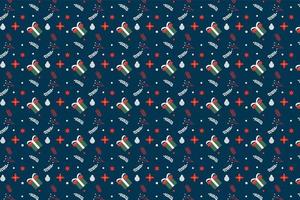 Seamless abstract pattern decoration for Christmas event. Xmas minimal pattern design with gifts and leaves icon. Christmas element pattern vector on dark background for bed sheets and wallpapers.
