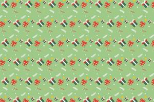 Cute Christmas pattern design with gift icons and leaves. Christmas minimal abstract pattern vector for wallpapers and bed sheets. Christmas element pattern decoration on a green background.