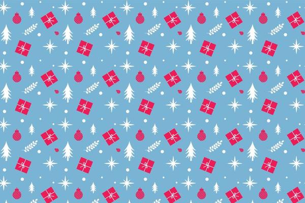 Repeating Christmas pattern vector with gifts and pine tree icons. Xmas pattern decoration for wallpapers and book covers. Christmas seamless pattern design on frosted blue background.