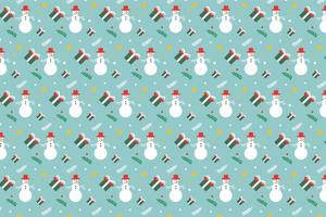 Christmas frosty pattern decoration with snowman and gift icons. Seamless pattern vector for Christmas on a light blue background. Xmas minimal pattern design for bed sheets and book covers.