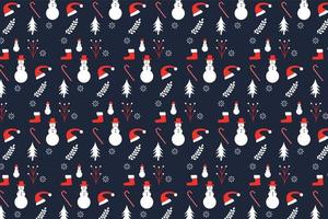 Christmas pattern design with dark background and snowmen. Christmas decoration pattern for wallpaper and book covers. Seamless pattern vector with candy canes, leaves, Santa hats, and snowflakes.