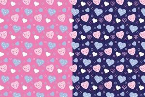 Beautiful love pattern vector on pink and dark blue background. Seamless repeating pattern decoration with different love shapes. Minimal love pattern design for gift cards and backgrounds.
