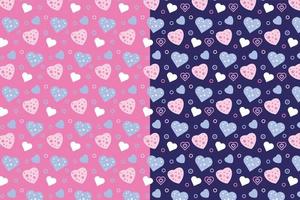 Beautiful love pattern vector on pink and dark blue background. Seamless repeating pattern decoration with different love shapes. Minimal love pattern design for gift cards and backgrounds.