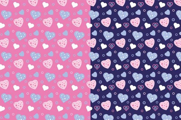 Beautiful love pattern vector on pink and dark blue background. Seamless repeating pattern decoration with different love shapes. Minimal love pattern design for gift cards and backgrounds.
