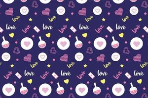 Cute seamless love pattern decoration with love poison and calligraphy. Abstract love pattern design for bed sheets, wallpapers, and book covers. Endless love pattern vector on a dark blue background.