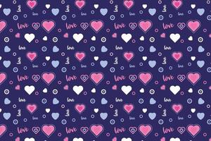 Creative love pattern vector with different love shapes and calligraphy. Abstract romantic love pattern decoration for wrapping papers and backgrounds. Valentine pattern design on a blue background.