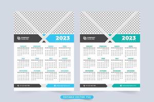 2023 business calendar and office organizer template vector. Yearly calendar design with abstract shapes. Professional business calendar vector with blue and dark colors. The week starts on Sunday.