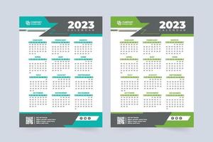 Company annual calendar for 2023 new year. Office organizer and wall calendar design with blue and green colors. 2023 Calendar vector illustration with abstract shapes. The week starts on Sunday.