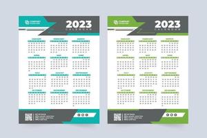 Company annual calendar for 2023 new year. Office organizer and wall calendar design with blue and green colors. 2023 Calendar vector illustration with abstract shapes. The week starts on Sunday.