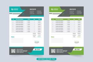 Creative invoice template vector with abstract modern shapes. Professional invoice design with blue and green colors. Print ready cash receipt and payment agreement receipt decoration.