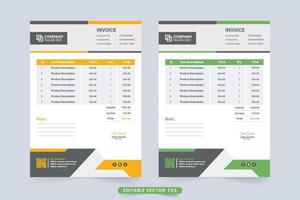 Product purchase and billing receipt design with yellow and green colors. Corporate invoice template and payment agreement paper vector. Business invoice decoration with abstract shapes. vector