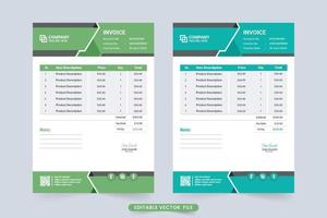 Print ready invoice template vector with green and blue colors. Creative billing paper and cash receipt design for modern business. Product purchase receipt with price and info sections.