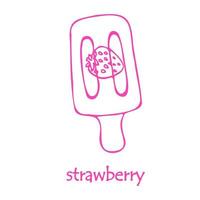 Sketch of fruit ice cream with strawberry flavor. The outline is drawn by hand. Ice cream is suitable for infographics and applications, postcards, greetings, labels. vector