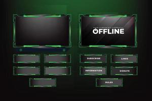 Gaming screen overlay decoration with futuristic shapes and dark color. Live gaming overlay design with buttons and screen panels. Live streaming overlay vector with green color for online gamers.