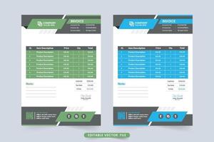 Minimalist business invoice design with abstract shapes. Professional invoice template vector with blue and green colors. Creative invoice bill and cash receipt template vector.