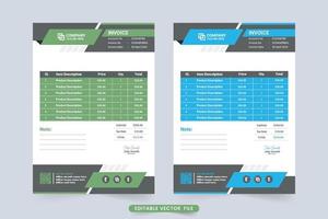 Minimalist business invoice design with abstract shapes. Professional invoice template vector with blue and green colors. Creative invoice bill and cash receipt template vector.