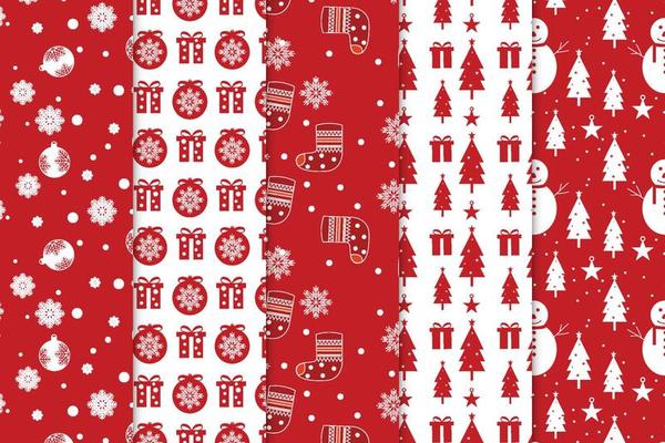 Christmas pattern background bundle with red and white backgrounds. Christmas seamless pattern collection with decoration balls and socks. Abstract pattern set design for wrapping paper and bed sheets