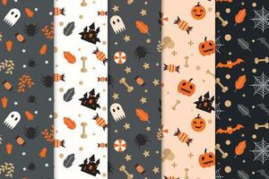 Scary Halloween pattern bundle decoration on white and dark background. Spooky Halloween pattern collection with cute pumpkins and ghosts. Halloween pattern set for book covers and wallpapers. vector