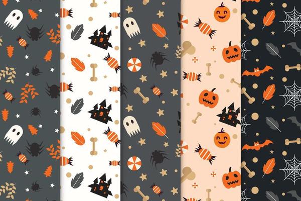 Scary Halloween pattern bundle decoration on white and dark background. Spooky Halloween pattern collection with cute pumpkins and ghosts. Halloween pattern set for book covers and wallpapers.