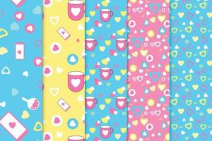 Abstract love pattern collection vector with colorful elements. Seamless pattern bundle with colorful backgrounds for book cover or bed sheet. Valentine's love pattern set with different shapes.