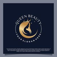 logotipo de belleza de reina con concepto de estilo de cabello creativo vector premium