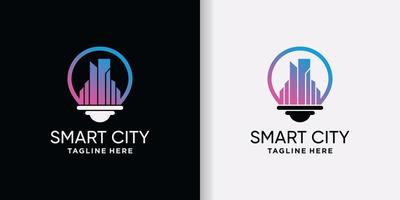 diseño de logotipo de ciudad inteligente para la construcción de tecnología con estilo de bombilla y vector premium de concepto moderno