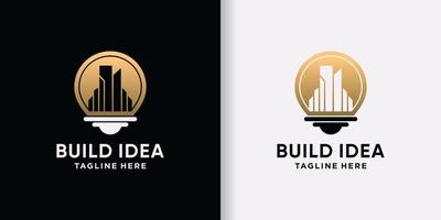 Building idea logo design illustration with light bulb style and negative space concept Premium Vector