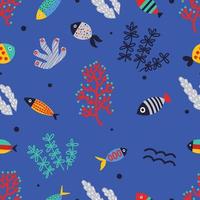 algas y pescado. patrón decorativo sin costuras. se puede utilizar en la industria textil, papel, fondo, scrapbooking. vector