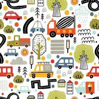 Cute kids seamless pattern with cars, road, park, houses on a white background.Can be used in textile industry, paper, background, scrapbooking.Vector vector