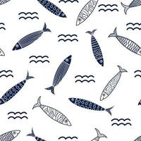 Cute sardines and waves.  Seamless pattern. Can be used in textile industry, paper, background, scrapbooking. vector