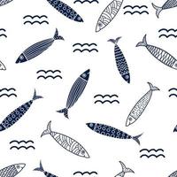 Cute sardines and waves.  Seamless pattern. Can be used in textile industry, paper, background, scrapbooking. vector