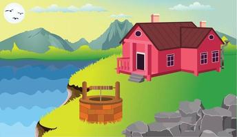Village cartoon background illustration with cow, cottage, lake, trees, and narrow road. vector