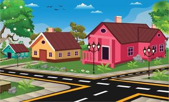 Town cartoon background illustration with road, houses, trees, street light and narrow road. vector