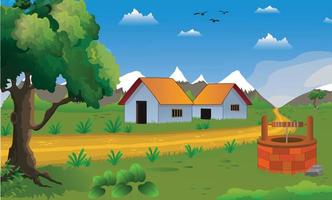 ilustración de fondo de dibujos animados de pueblo con cabaña de estilo antiguo, pozo, árboles, camino estrecho, montañas y hierba verde. vector