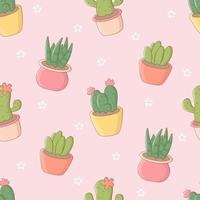 Seamless pattern with cartoon cactuses and potted plants. Cute print for phone case, backgrounds, fashion, wrapping paper and textile. Vector Illustration