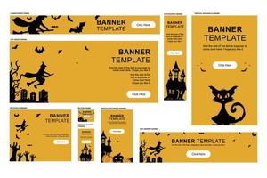 Set of three Halloween banners with pumpkins, spiders and dark castle on cemetery, abstract grunge background, illustration. vector