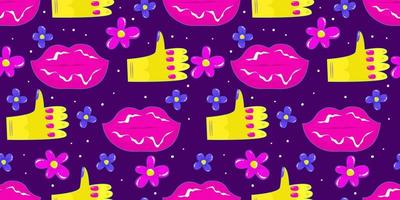 Trippy psychedelic aesthetic y2k seamless pattern. Trippy smile retro pop funny cartoon character. Smiley Happy face. Psychedelic print. Daisy flower, hand and lips. vector