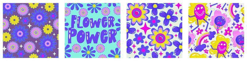Daisy flower power poster set for print design. Abstract trippy psychedelic pattern. Flower power. Funny vector illustration. Retro 1990 poster for tshirt design.