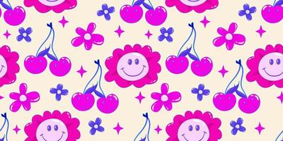 Trippy psychedelic aesthetic y2k seamless pattern. Trippy smile retro pop funny cartoon character. Smiley Happy face. Psychedelic print. Daisy flower, cherry and star. vector