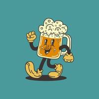 Beer mug mascot character. Retro cartoon style. Vector illustration.