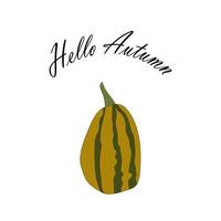 green pumpkin illustration, lettering hello autumn. autumn harvest illustration vector