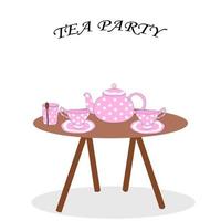 set of teapot teapot and cups of rose flowers on the table.Vector illustration of tea drinking vector