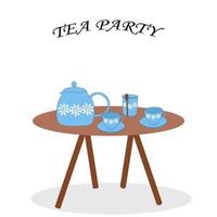 juego de tetera tetera y tazas de flores azules en la mesa. ilustración vectorial de beber té vector