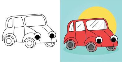 contorno dibujado a mano vehículo lindo viejo coche clásico ilustración personaje de dibujos animados vector página para colorear para niños