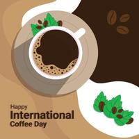 banner de taza de café con decoración de café y hojas, para conmemorar el día internacional del café vector