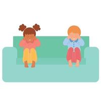 A boy and a girl are sitting on the couch and crying. Child protection, domestic violence. vector