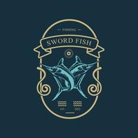 Two crossed swordfish hook lure monochrome fishing hunting vintage textured logo vector illustration.
