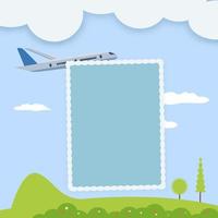 invitación a la ducha de bebé con avión, paisaje nublado sobre fondo azul, tarjeta vectorial con espacio de copia para la foto del bebé