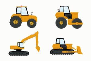 Construction machinery, heavy building equipment and machinery. Crane, excavator, bulldozer, tractor, digger flat vector set.